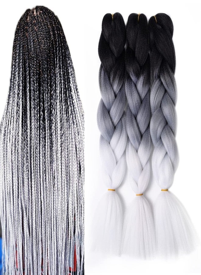 MAYSA Black and White Braiding Hair Pre stretched Extensions Ombre Braiding Hair 24inch 3Pcs Jumbo Hair Synthetic Extensions # Black-grey-white - Image 1